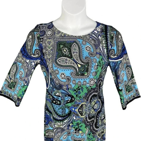 CHICOS 1 Medium Blue White Paisley 3/4 Sleeve Knit Bodycon Outdoor Shift Dress - Picture 3 of 16